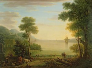 人物と動物のいる古典的な風景、日没、1754